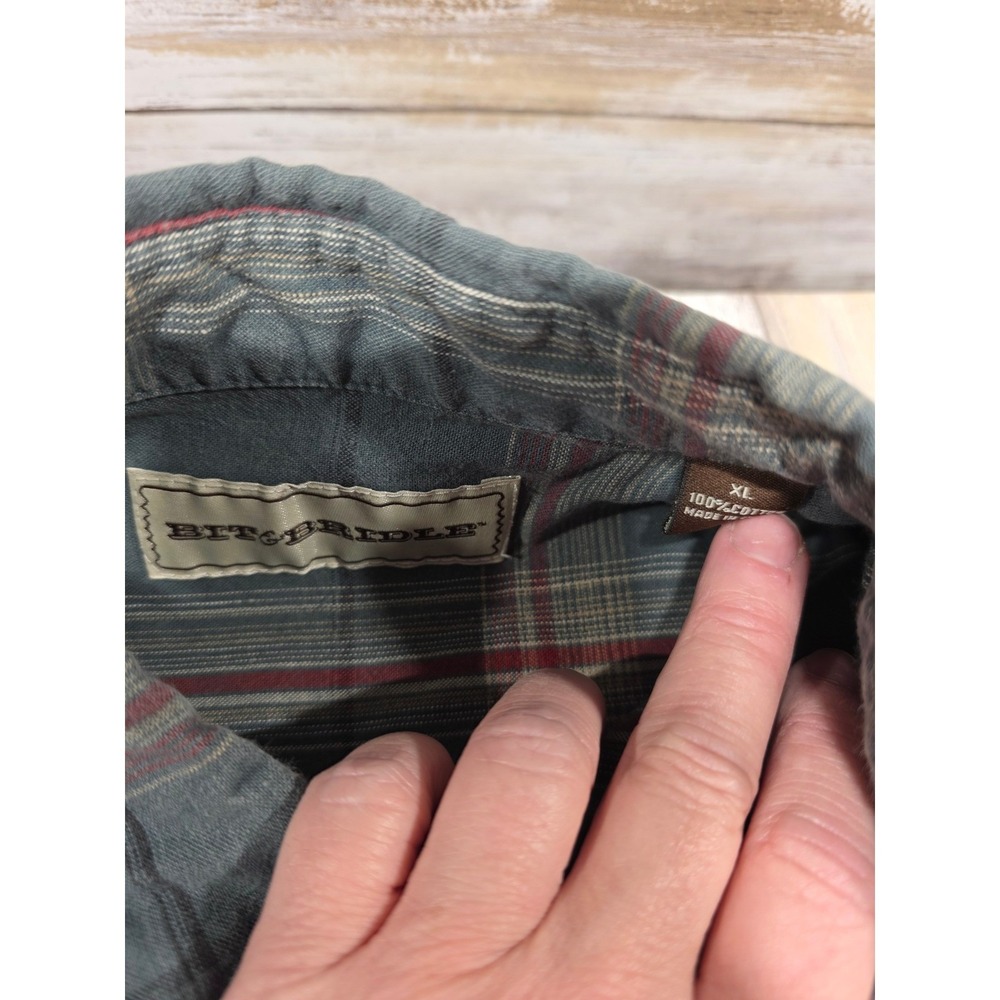 Bit & Bridle Plaid Long Sleeve Button Down Shirt Men's XL Blue Red Black Horse - Picture 2 of 11
